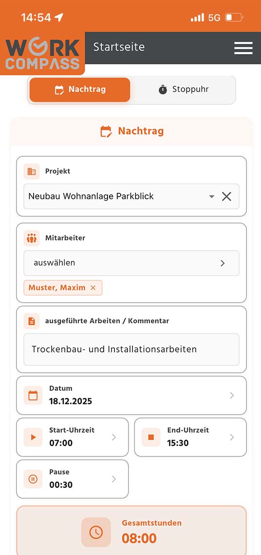 Feature Arbeitszeit erfassen